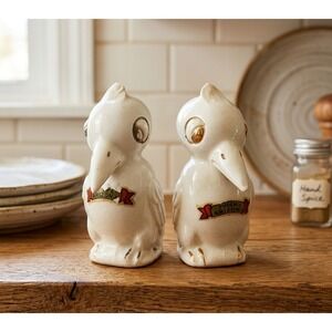Vintage Tempe Arizona Toucan Bird Salt and Pepper Shakers White Gold Ceramic MCM
